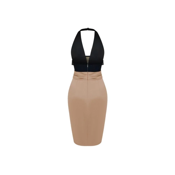 Rasario Satin and velvet fringed mini dress in Black and Beige, view 3