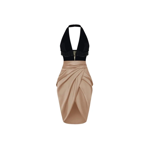 Rasario Satin and velvet fringed mini dress in Black and Beige