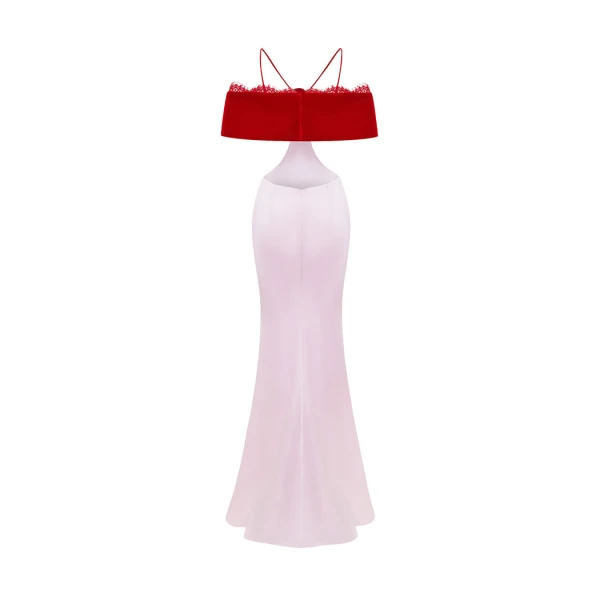 Rasario Satin and velvet maxi dress with a flower in Red and pink, view 3