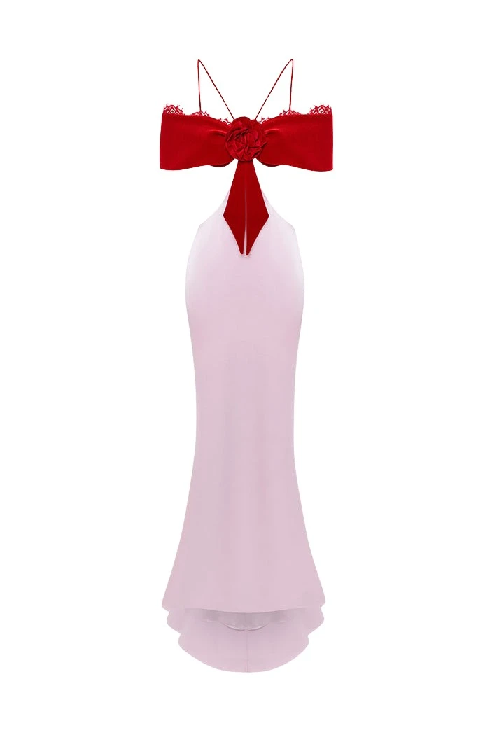 Rasario Satin and velvet maxi dress with a flower in Red and pink