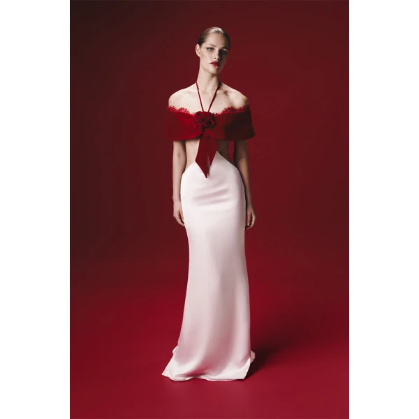 Rasario Satin and velvet maxi dress with a flower in White and black, view 2