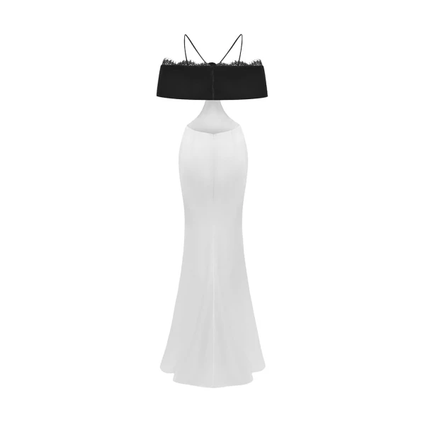 Rasario Satin and velvet maxi dress with a flower in White and black, view 3