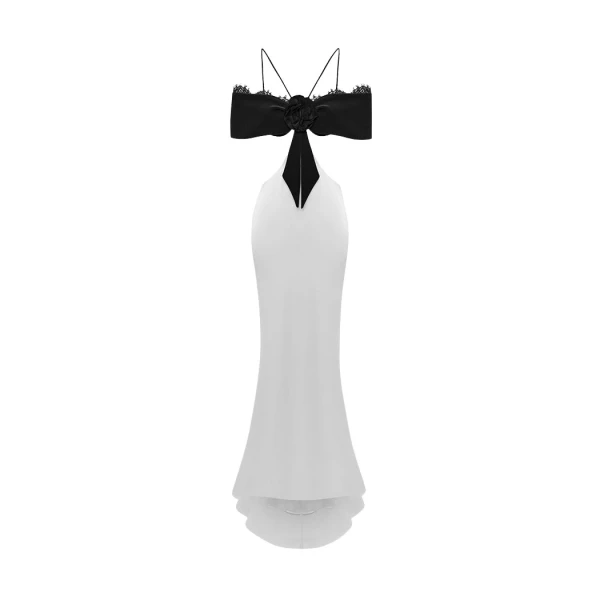 Rasario Satin and velvet maxi dress with a flower in White and black
