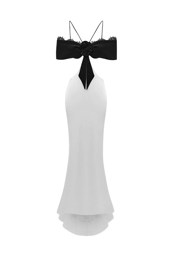 Rasario-Multicolour-Satin-and-velvet-maxi-dress-with-a-flower-in-White-and-black-at-Coveti81629_nobg Rasario Satin and velvet maxi dress with a flower in White and black