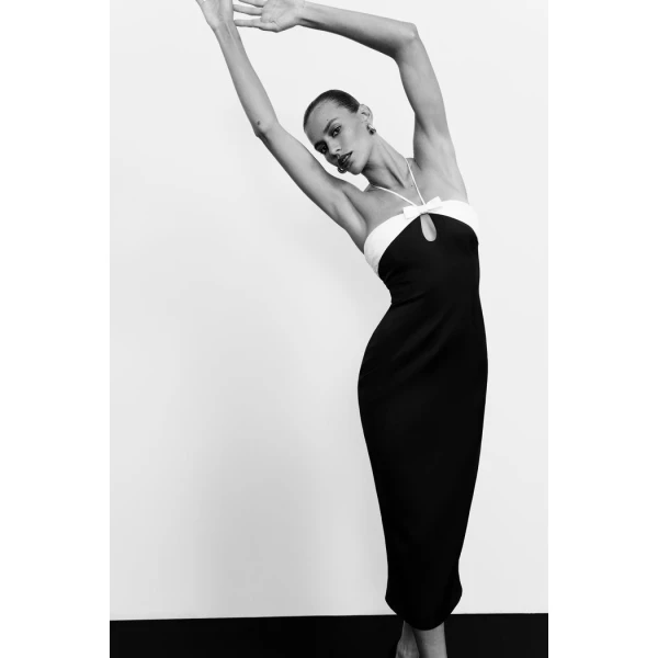 Rasario Satin midi dress with a cutout in Black and White, view 2