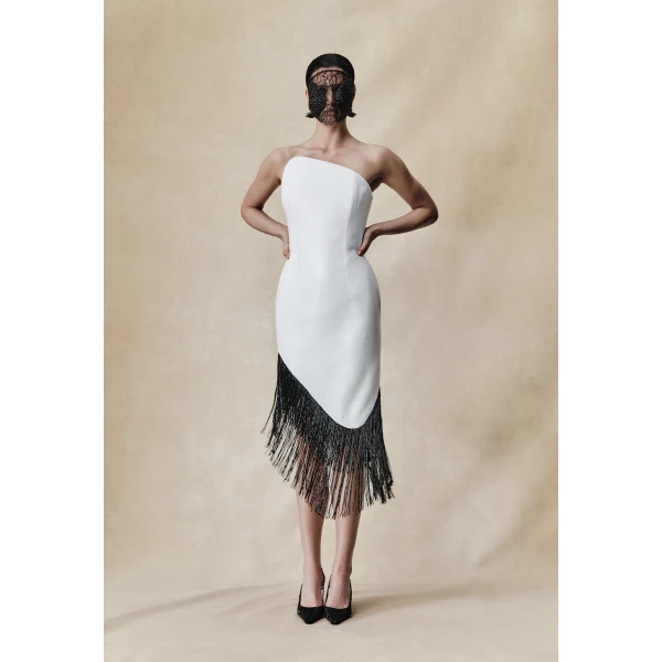 Rasario Sequin asymmetric midi dress with beaded fringe in White and Black, view 2