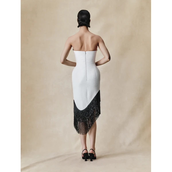 Rasario Sequin asymmetric midi dress with beaded fringe in White and Black, view 3