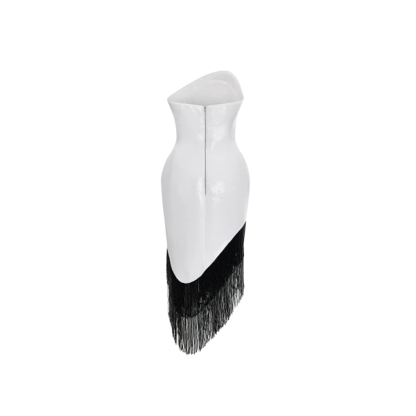 Rasario Sequin asymmetric midi dress with beaded fringe in White and Black, view 4