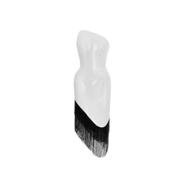 Rasario Sequin asymmetric midi dress with beaded fringe in White and Black