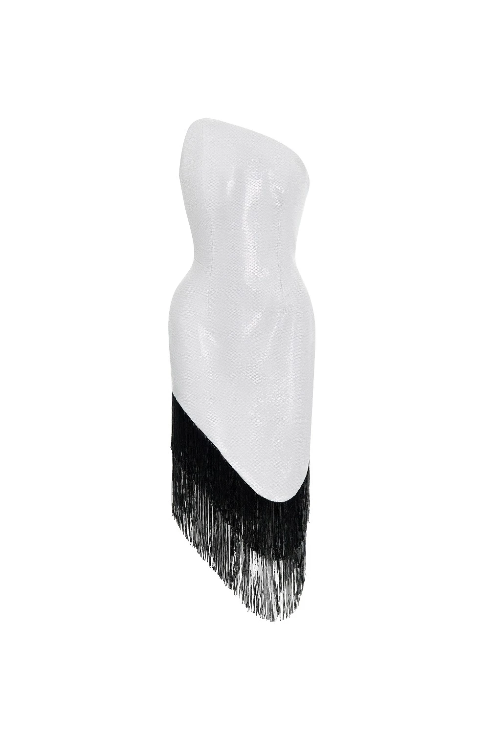 Rasario Sequin asymmetric midi dress with beaded fringe in White and Black