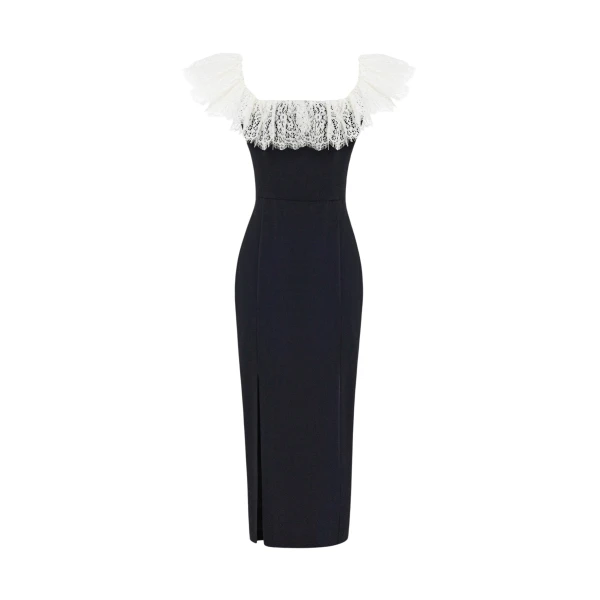 Rasario Velvet and lace midi dress in Black and White