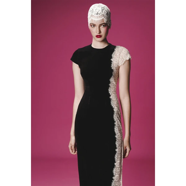 Rasario Velvet and lace midi dress with a side slit in Black and white, view 2