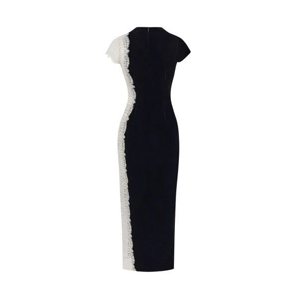 Rasario Velvet and lace midi dress with a side slit in Black and white, view 3
