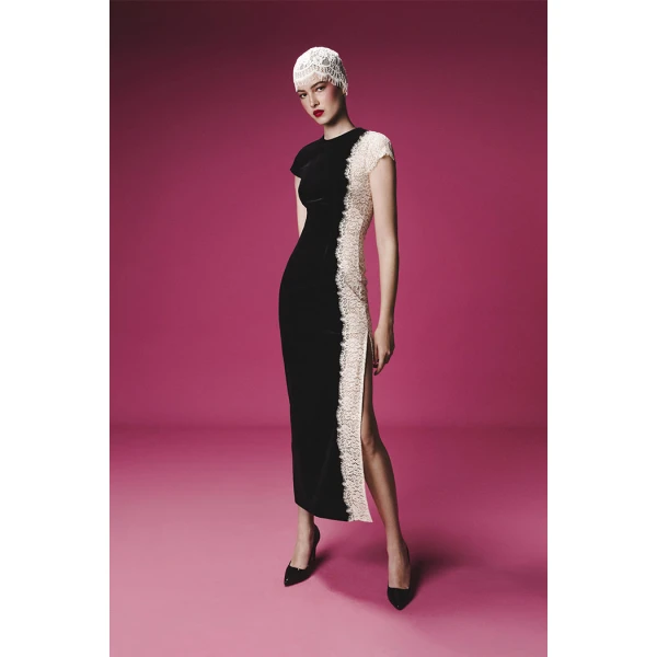 Rasario Velvet and lace midi dress with a side slit in Black and white, view 4