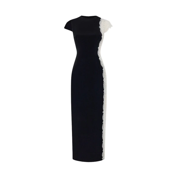 Rasario Velvet and lace midi dress with a side slit in Black and white