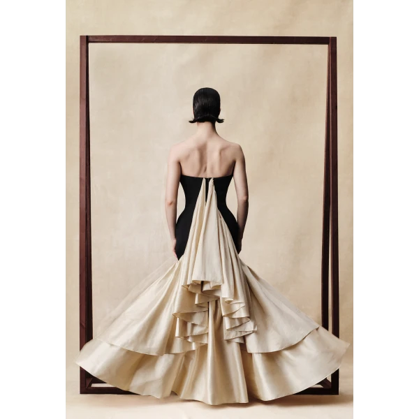 Rasario Viscose and silk corset maxi dress with ruffles in Black and Gold, view 2