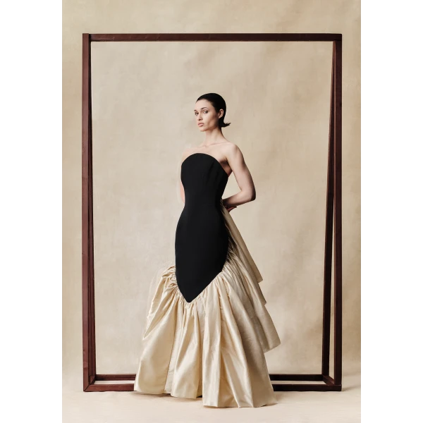 Rasario Viscose and silk corset maxi dress with ruffles in Black and Gold, view 3