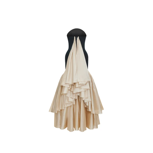 Rasario Viscose and silk corset maxi dress with ruffles in Black and Gold, view 4