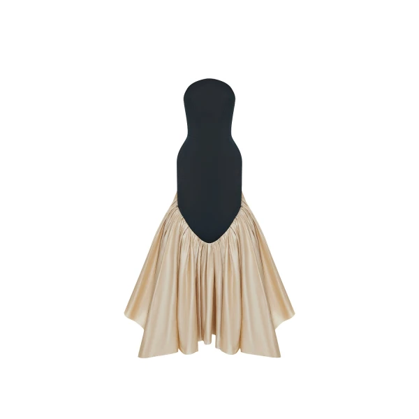 Rasario Viscose and silk corset maxi dress with ruffles in Black and Gold