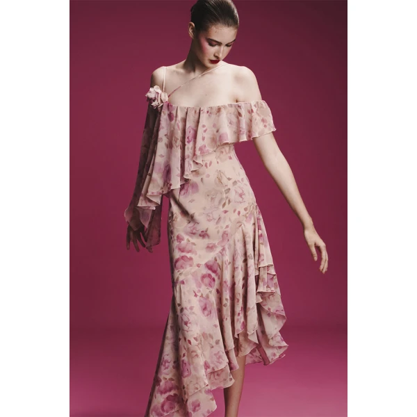 Rasario Asymmetrical printed chiffon midi dress with flounces in Pink, view 2