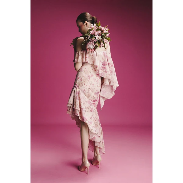Rasario Asymmetrical printed chiffon midi dress with flounces in Pink, view 5