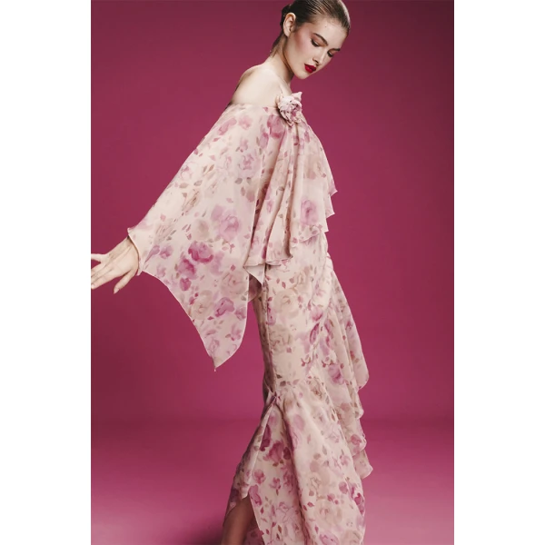 Rasario Asymmetrical printed chiffon midi dress with flounces in Powder, view 3