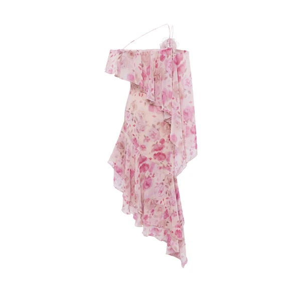 Rasario Asymmetrical printed chiffon midi dress with flounces in Powder, view 4
