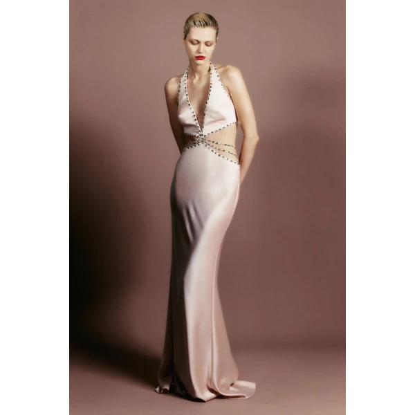 Rasario Crystal-embellished satin maxi dress with cutouts in Light Pink, view 2