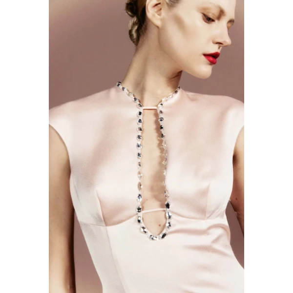 Rasario Crystal-embellished satin midi dress with cutout in Light Pink, view 2