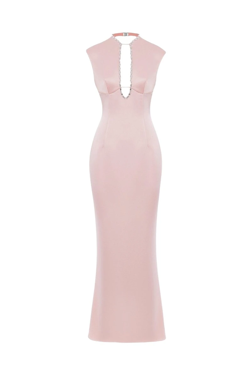 Rasario Crystal-embellished satin midi dress with cutout in Light Pink