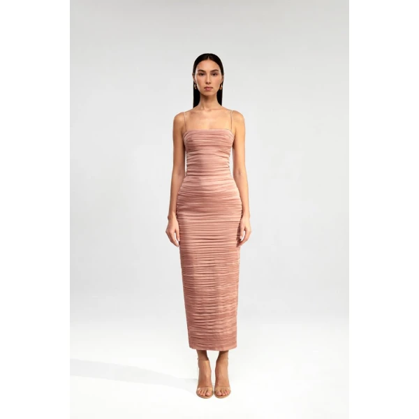 Rasario Draped chiffon long midi dress in Powdery, view 2