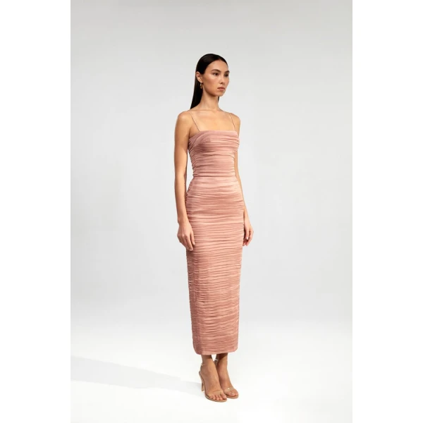 Rasario Draped chiffon long midi dress in Powdery, view 3