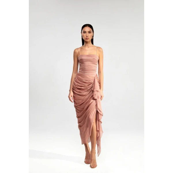 Rasario Draped chiffon long midi dress with ruffle in Powdery, view 2