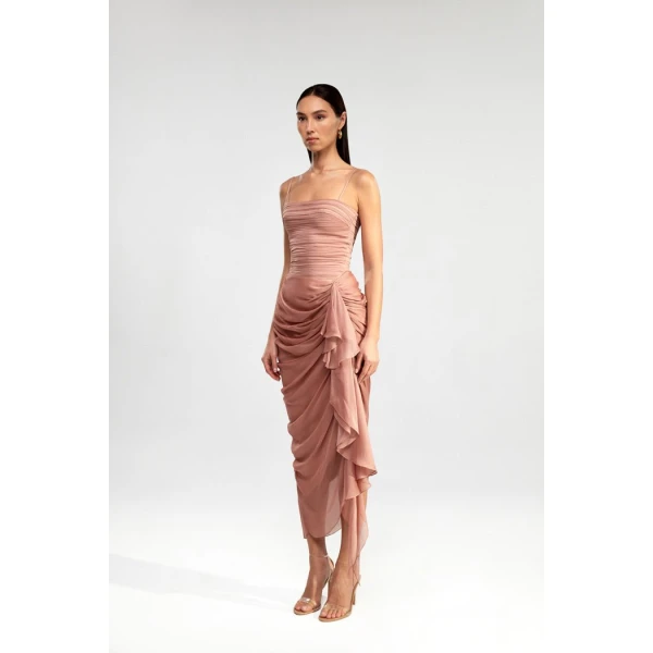 Rasario Draped chiffon long midi dress with ruffle in Powdery, view 3