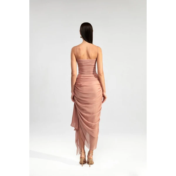 Rasario Draped chiffon long midi dress with ruffle in Powdery, view 4