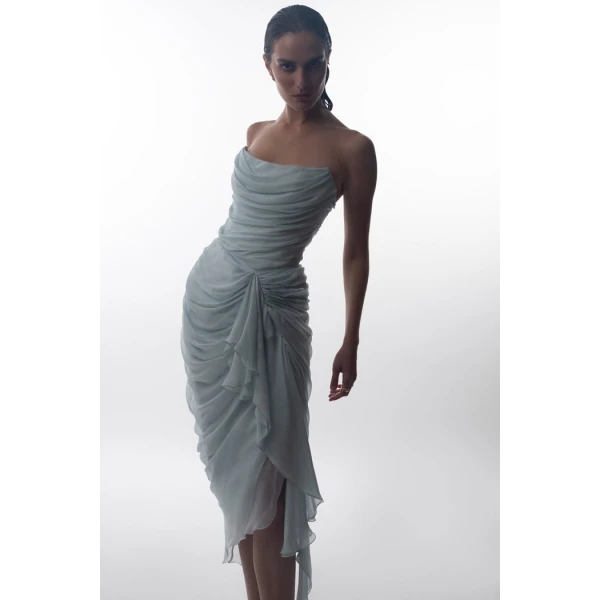 Rasario Draped silk chiffon corset midi dress in Light pink, view 2