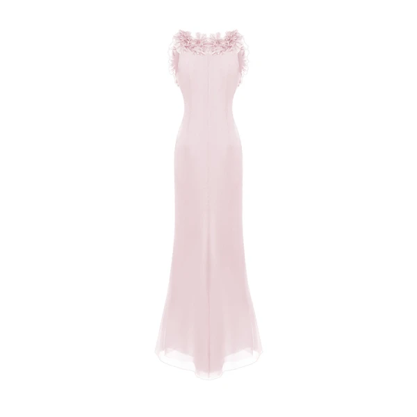 Rasario Draped silk chiffon dress with flowers and train in Light pink, view 3