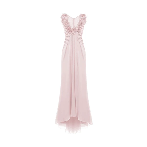 Rasario Draped silk chiffon dress with flowers and train in Light pink