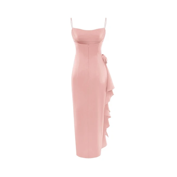 Rasario Flower embellished draped satin midi dress in Powder Pink, view 3