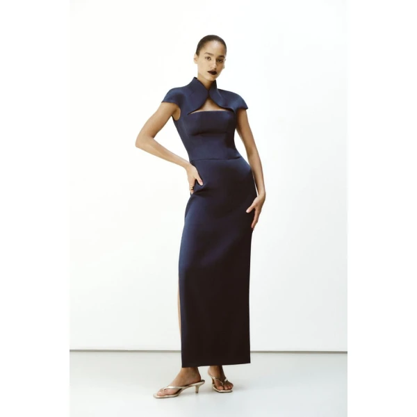 Rasario Long midi corset satin dress with a side slit in Light pink, view 2