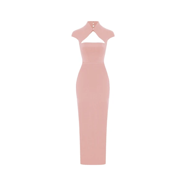 Rasario Long midi corset satin dress with a side slit in Light pink