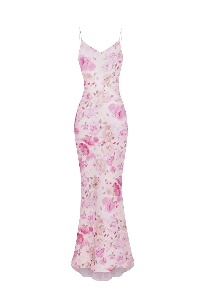 Rasario Maxi printed satin dress in Powder