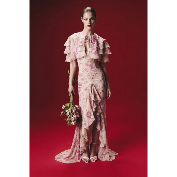 Rasario Printed chiffon maxi dress with ruffles and flounces in Pink, view 2