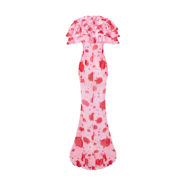 Rasario Printed chiffon maxi dress with ruffles and flounces in Pink, view 3