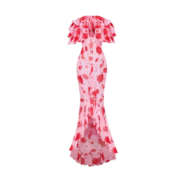 Rasario Printed chiffon maxi dress with ruffles and flounces in Pink