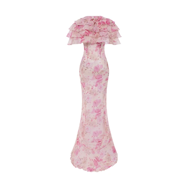 Rasario Printed chiffon maxi dress with ruffles and flounces in Powder, view 3