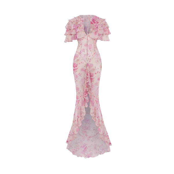 Rasario Printed chiffon maxi dress with ruffles and flounces in Powder