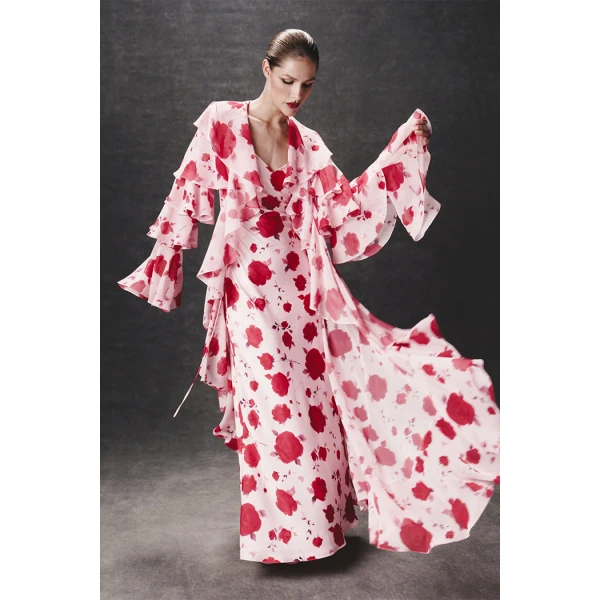 Rasario Printed chiffon maxi gown with flounces and ties in Pink, view 2