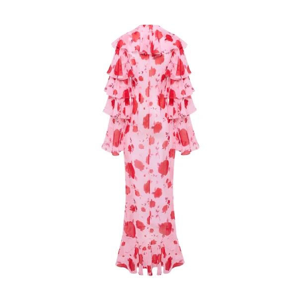 Rasario Printed chiffon maxi gown with flounces and ties in Pink, view 3