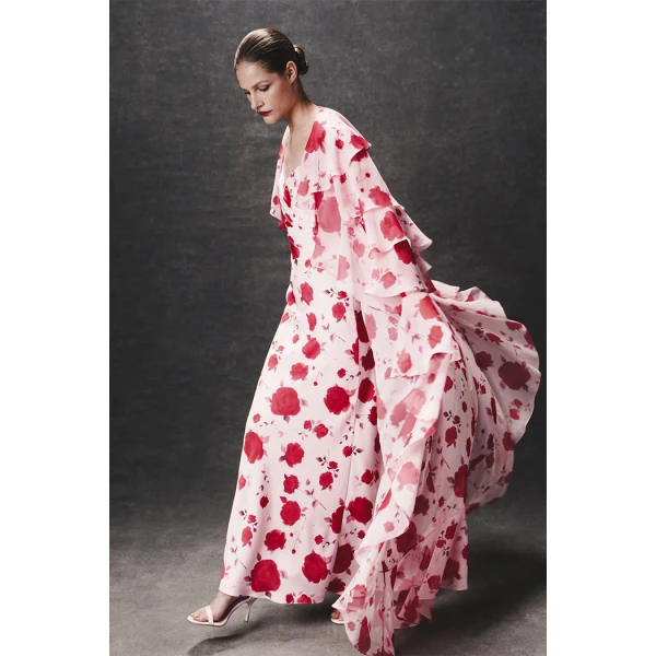 Rasario Printed chiffon maxi gown with flounces and ties in Pink, view 4
